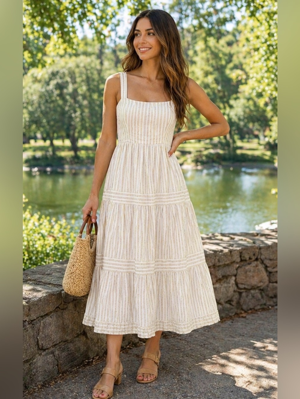 Linda Anderson Gold Stripe Tiered Midi Dress | Neutral Shimmer Boho Sundress
